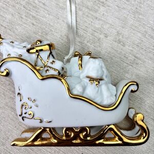 VTG Bisque Winter White Collection Sleigh Ornament Christmas Gold Trim 4.5 in